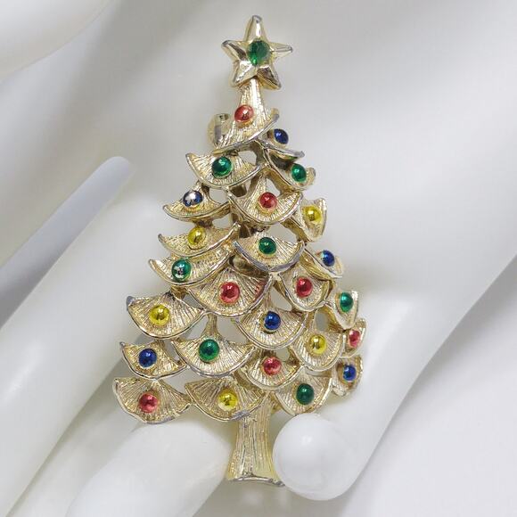 Gerry’s Christmas Tree Brooch Gold Tone Enamel Ornaments 1960s Vintage - Picture 3 of 10
